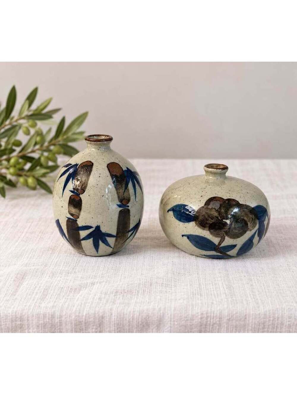Pair Vintage Japanese Mingei Style Mini Bud Vases Blue Brown Studio Pottery